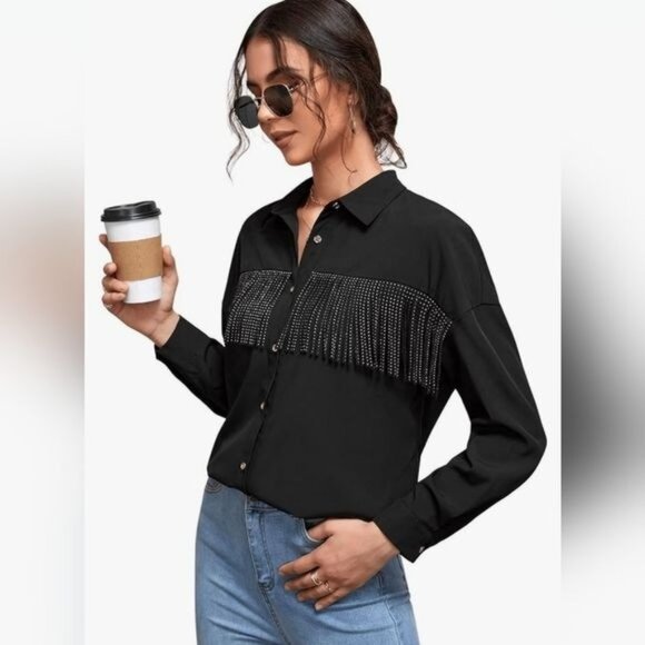 Black Buttoned Shirt with Fringe Detail - Picture 1 of 14